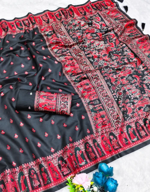 KOTA LITCHI SILK SAREE WITH POSITION STYLE WEAVING DESIGN WITH RICH PALLU AND PATLI WORK - Black