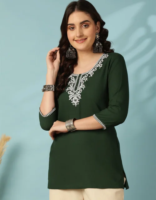 Green Embroidered Viscose Rayon Top