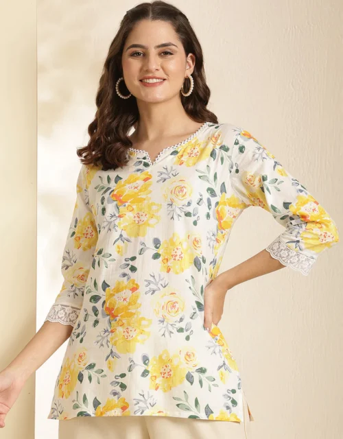 Floral Print V-Neck With Lace Trim Top