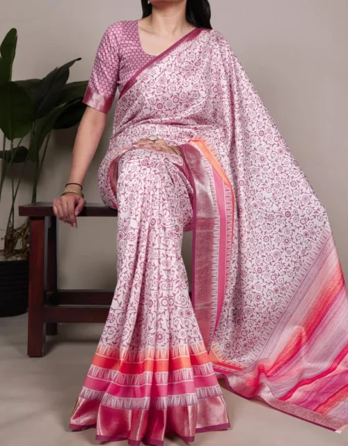 tussar silk with viscose border printed sarees - Beige with Maroon