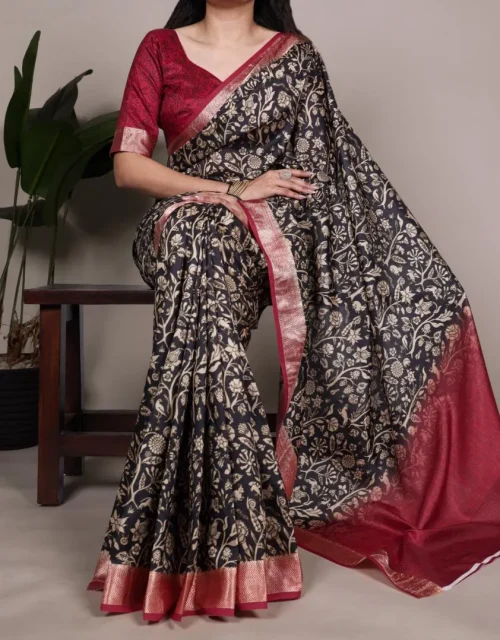 tussar silk with viscose border printed sarees - Black with Brown