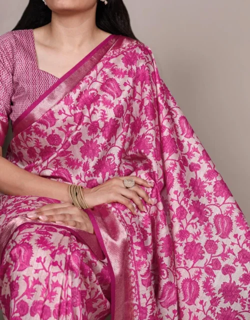 tussar silk with viscose border printed sarees - Pink with Beige