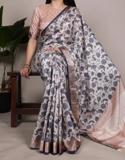 tussar silk with viscose border printed sarees - Grey with Beige