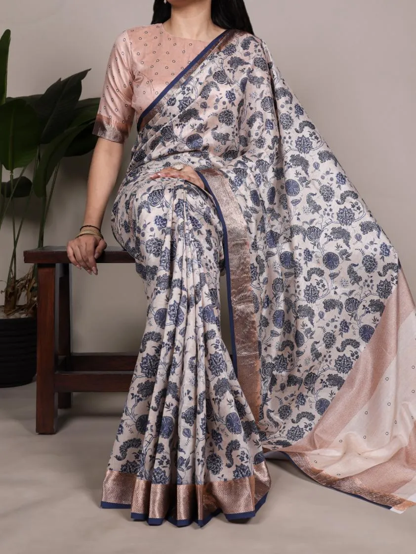 tussar silk with viscose border printed sarees - Grey with Beige