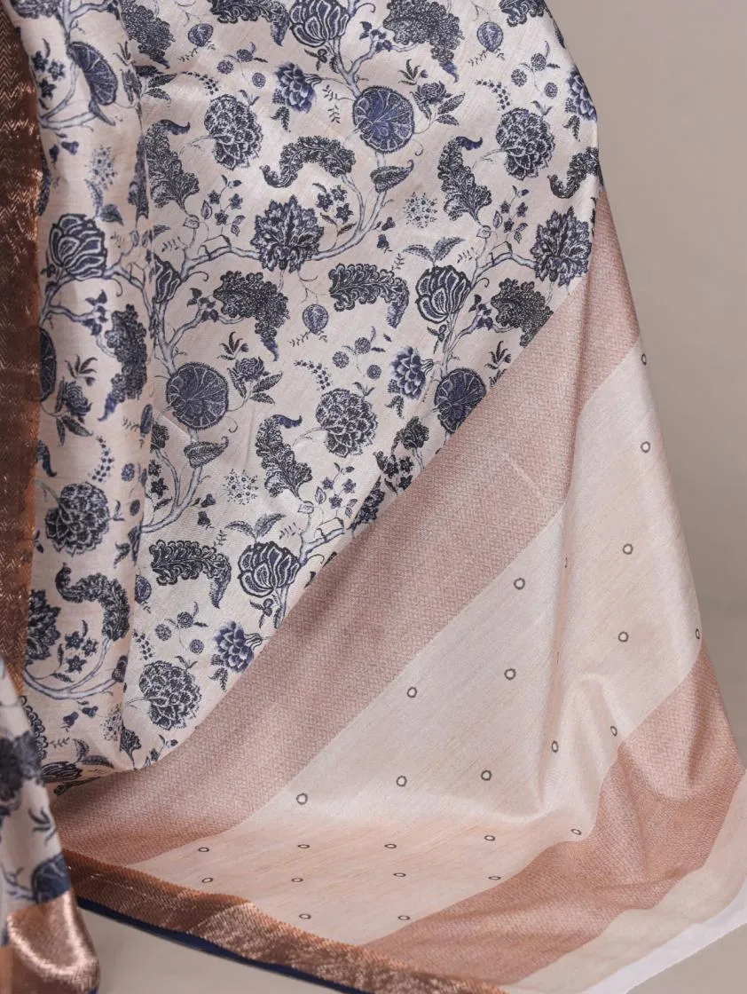 tussar silk with viscose border printed sarees - Grey with Beige - Image 3