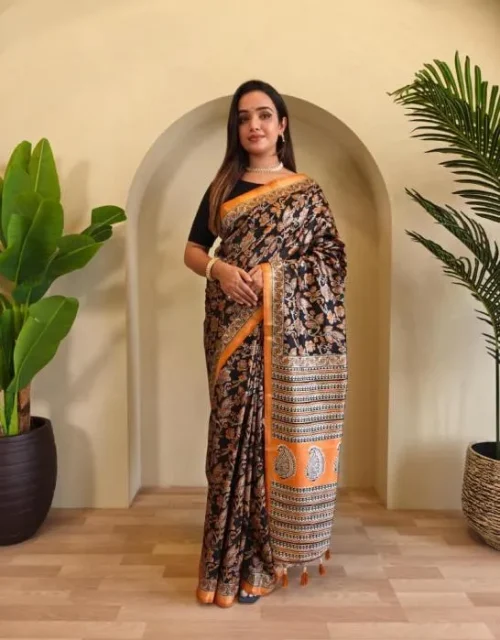 Dola viscose stylish look saree - Black and Tangerine