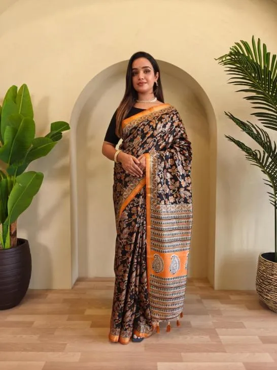 Dola viscose stylish look saree - Black and Tangerine