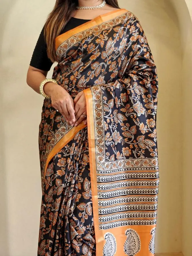 Dola viscose stylish look saree - Black and Tangerine - Image 4