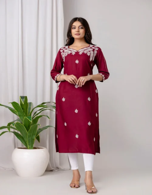 Maroon Rayon Blend Embroidered Straight Kurt