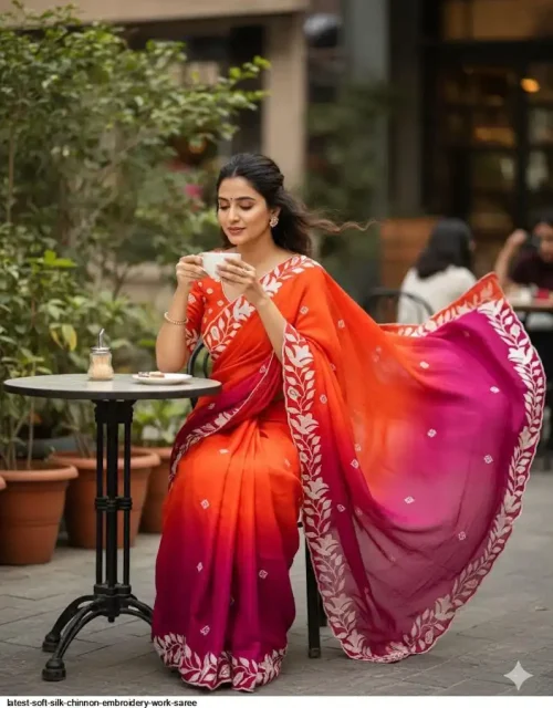 Latest Soft Silk Chinnon Embroidery with Blouse - Orange & Maroon