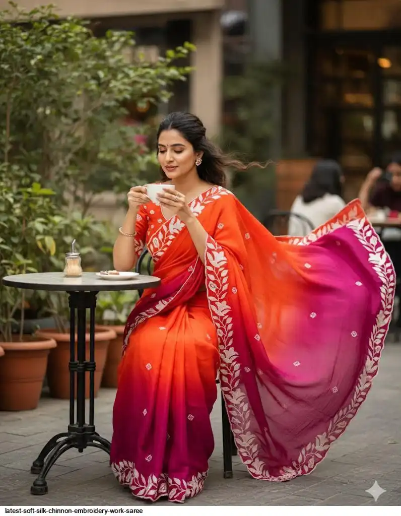 Latest Soft Silk Chinnon Embroidery with Blouse - Orange & Maroon