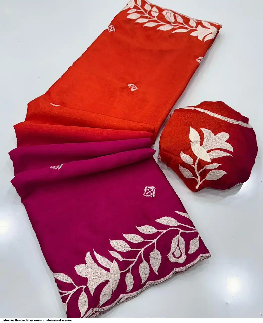 Latest Soft Silk Chinnon Embroidery with Blouse - Orange & Maroon - Image 2