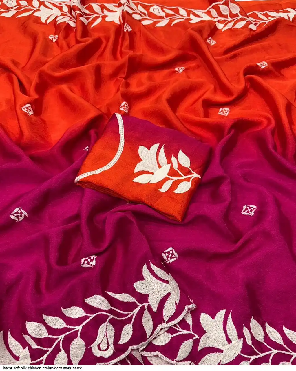 Latest Soft Silk Chinnon Embroidery with Blouse - Orange & Maroon - Image 3