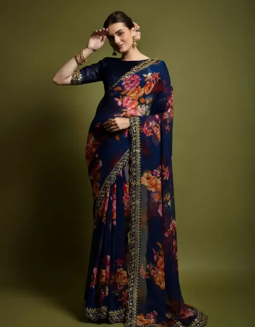 GEORGETTE CHIFFON EMBROIDERED FOIL WORK SAREE - NAVY BLUE