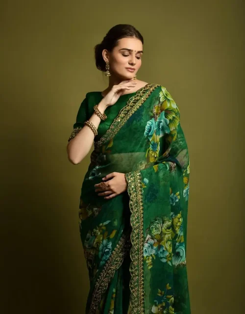 GEORGETTE CHIFFON EMBROIDERED FOIL WORK SAREE - BOTTLE GREEN