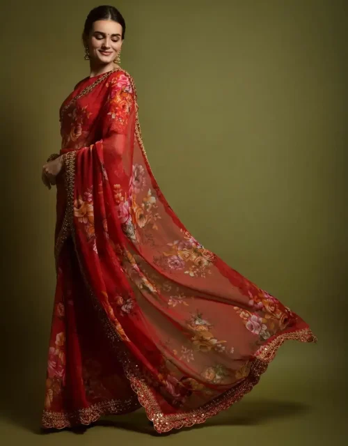 GEORGETTE CHIFFON EMBROIDERED FOIL WORK SAREE - GERANIUM RED