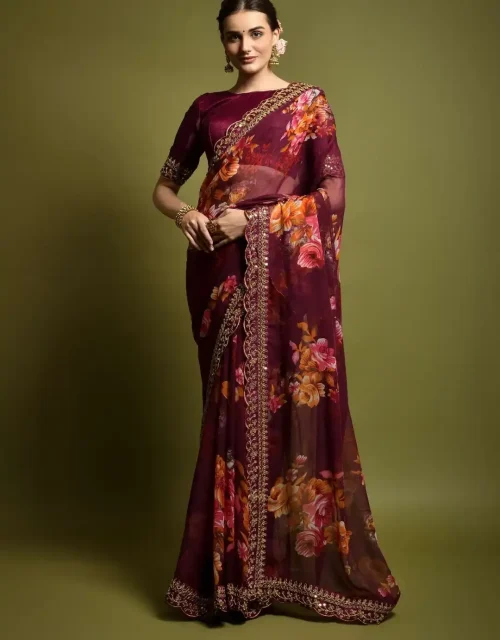 GEORGETTE CHIFFON EMBROIDERED FOIL WORK SAREE - WINE RED
