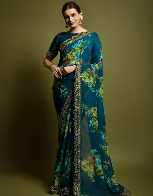 GEORGETTE CHIFFON EMBROIDERED FOIL WORK SAREE - COBALT BLUE