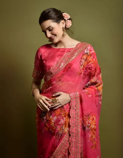 GEORGETTE CHIFFON EMBROIDERED FOIL WORK SAREE - POPPY RED