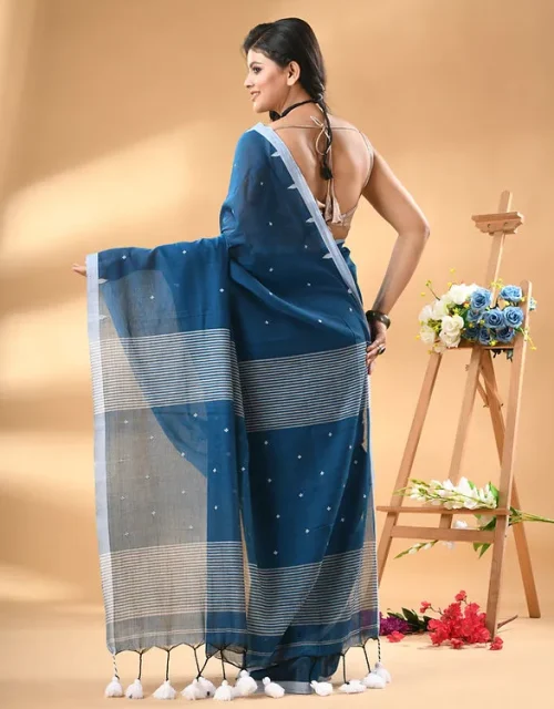 Pure Cotton Saree with Needle Weaving and Running Blouse Piece - Blue