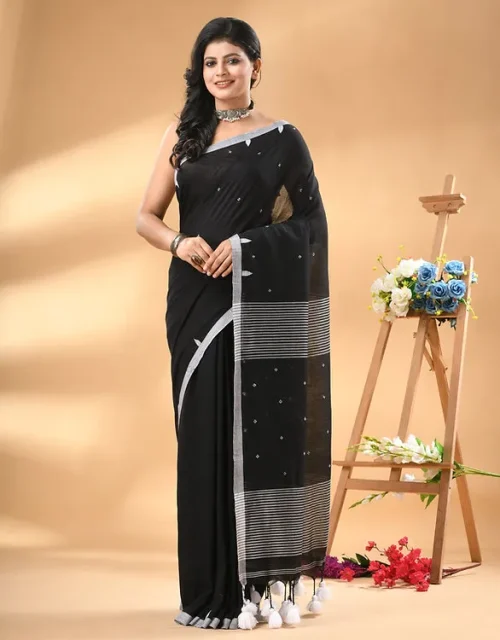 Pure Cotton saree with Needle Weaving and Running Blouse Piece - Black