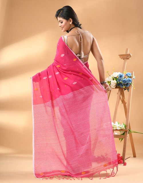 Pure Cotton Handloom Saree With Blouse Piece - Pink