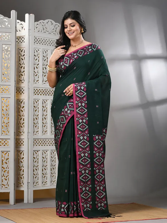 Bengal Pure Cotton Saree with blouse piece - Dark Green - Image 3