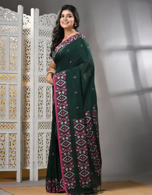 Bengal Pure Cotton Saree with blouse piece - Dark Green