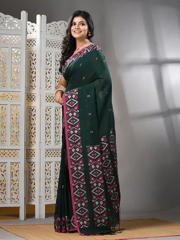 Bengal Pure Cotton Saree with blouse piece - Dark Green