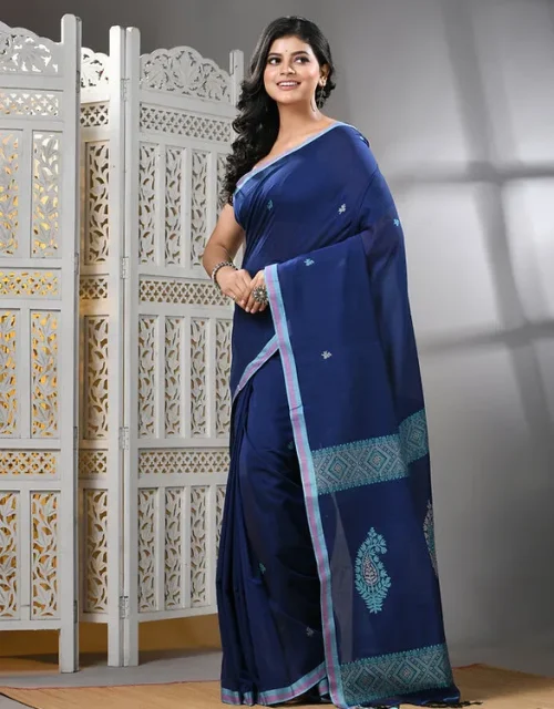 Woven Design Pure Cotton Saree In Blue