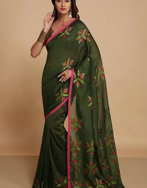 Pure Cotton Handloom sarees with blouse piece - Olive Green