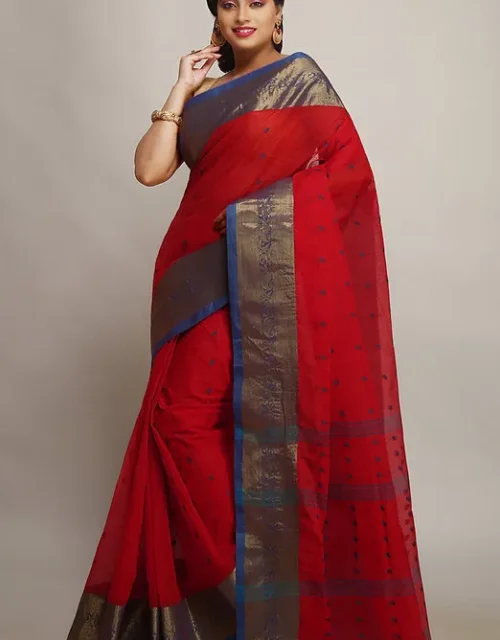 Pure Cotton Tant Saree in Red with Designer Zari Border