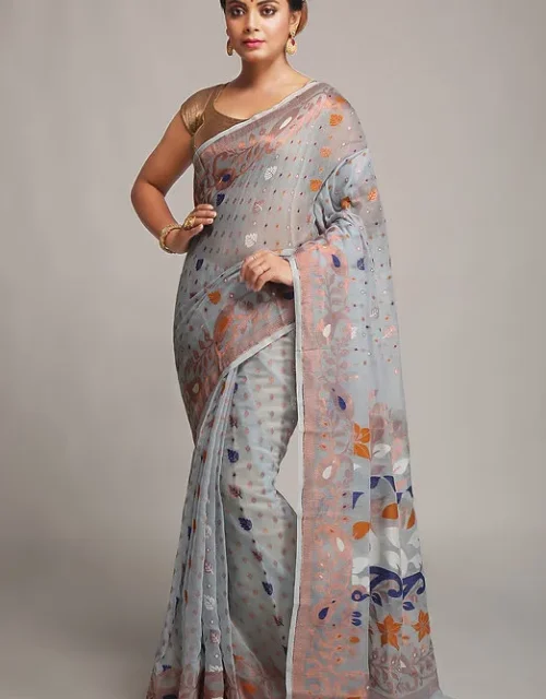 Soft silk cotton dhakai jamdani saree - Light Grey