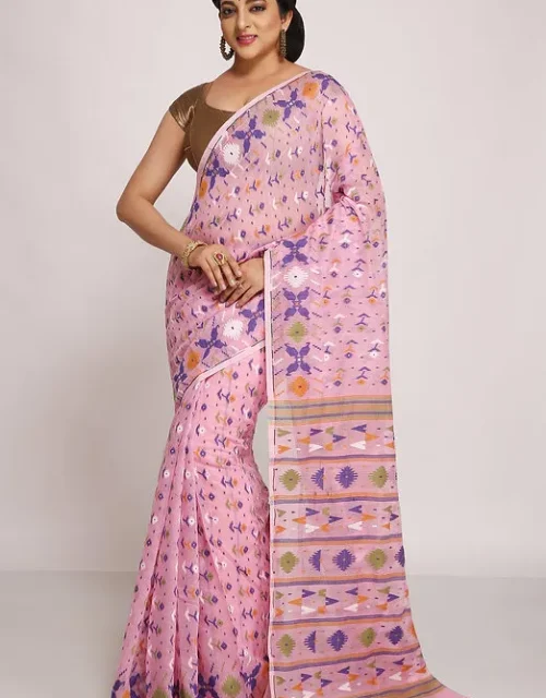 Silk Cotton Dhakai Jamdani Saree with blouse piece - Pink