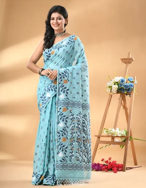 Pure Cotton Soft Jamdani Saree in Turquoise Blue with Blouse