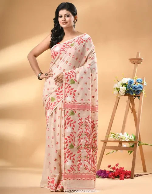 Pure Cotton Soft Jamdani Saree in Beige with Blouse Piece