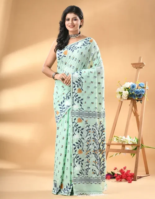 Pure Bengal Cotton Soft Jamdani Saree in Sea Green with Blouse Piece
