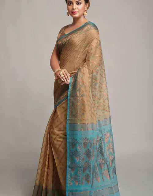Silk Cotton copper zari dhakai jamdani saree - Beige & Blue