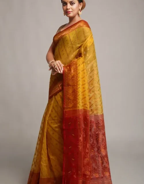 Silk Cotton Copper Zari dhakai jamdani saree - Yellow & Red
