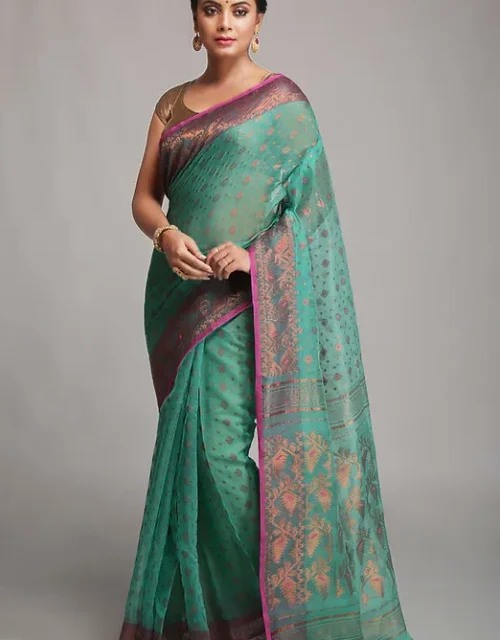 Silk Cotton Copper zari dhakai jamdani saree - Sea Green