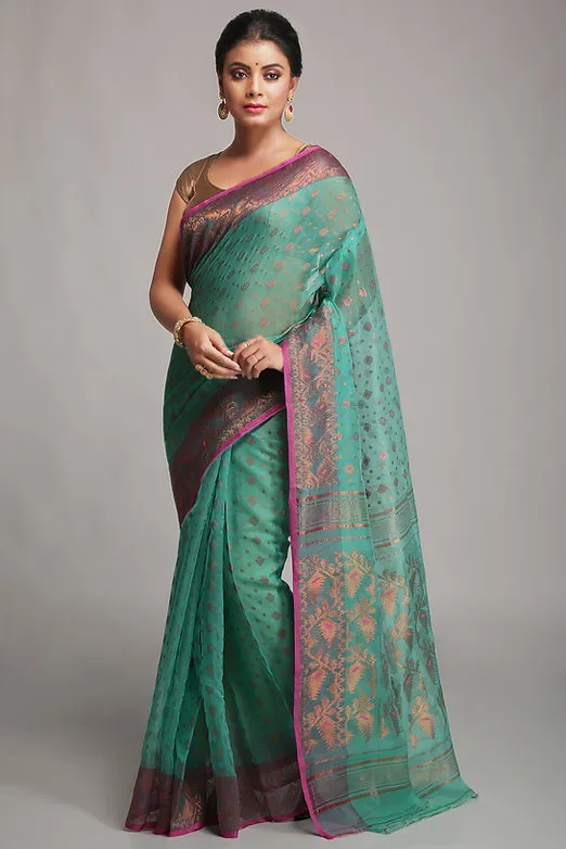 Silk Cotton Copper zari dhakai jamdani saree - Sea Green