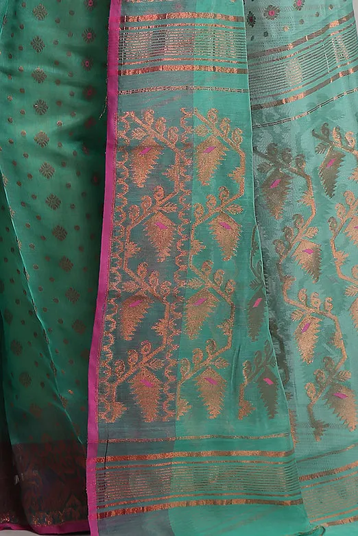 Silk Cotton Copper zari dhakai jamdani saree - Sea Green - Image 3