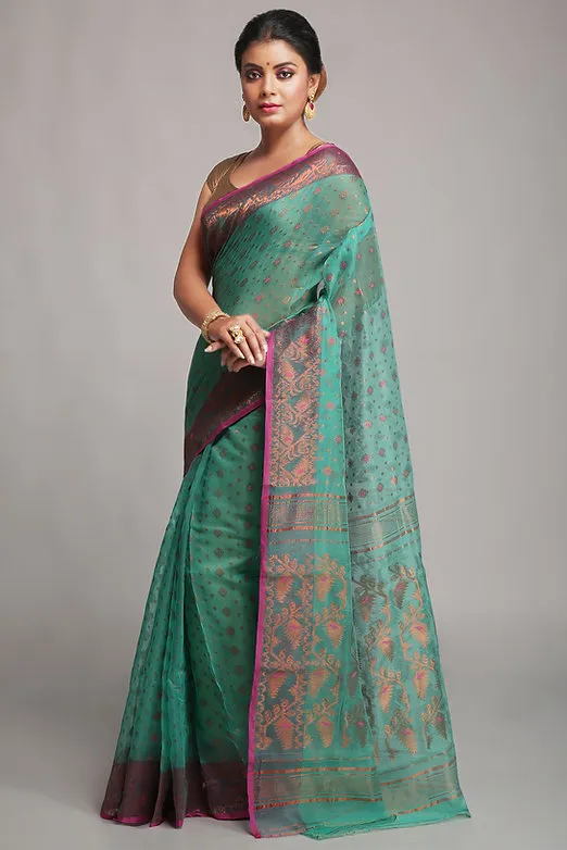 Silk Cotton Copper zari dhakai jamdani saree - Sea Green - Image 4