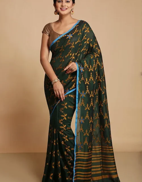 Bengal cotton handloom saree in Dark green with blouse piece