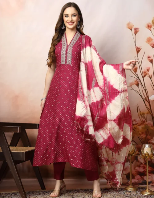 Wine Khari Printed & Embroidered Rayon A-Line Kurta Dupatta Set