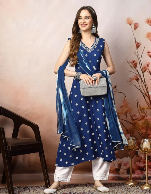 Blue Floral Printed & Embroidered Rayon A-Line Kurta Dupatta Set