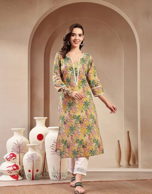 Mustard Botanical Printed Straight Cotton Kurta