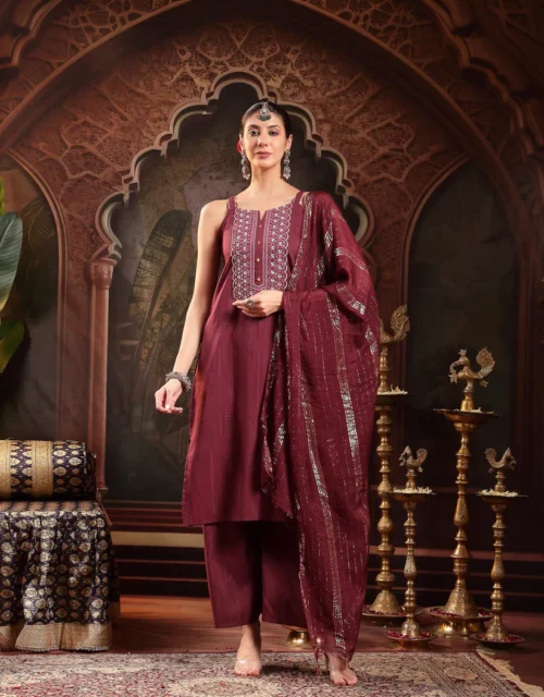 Wine Woven Design & Embroidered Cotton Blend Straight Kurta Palazzo Dupatta Set