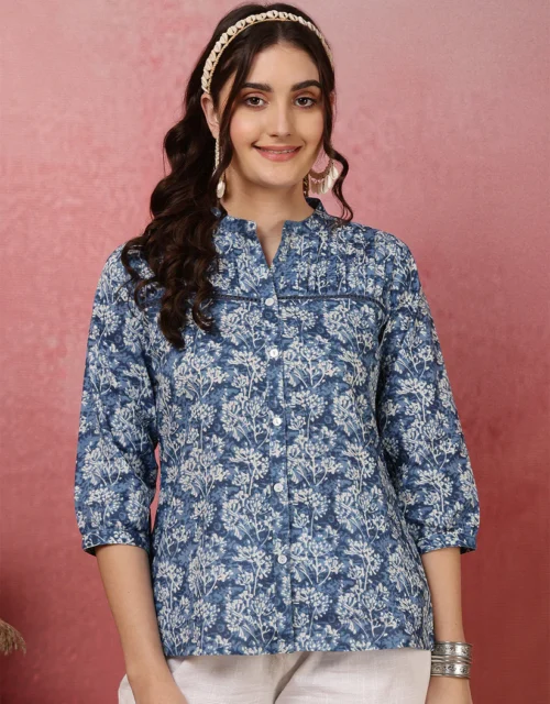 Blue Floral Printed Cotton Top