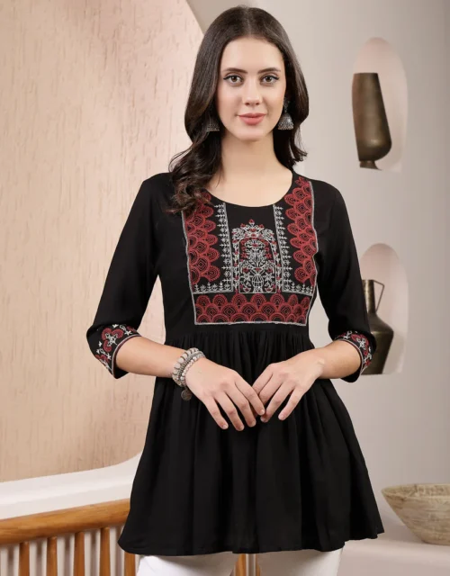 Black Solid & Embroidered Rayon Peplum Top